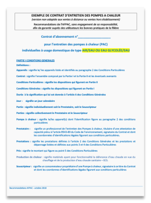 Exemple de contrat d'entretien PAC Air/Eau ; PAC Eau glycolée/Eau